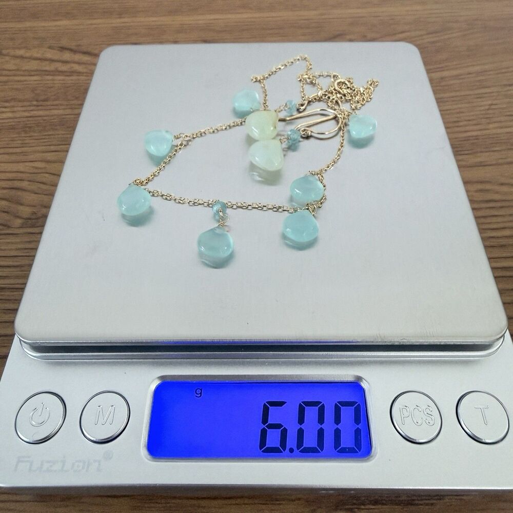 NEW Jewelmak 14K Gold Seafoam Chalcedony Necklace Earring Set Vintage Boho - Picture 10 of 15